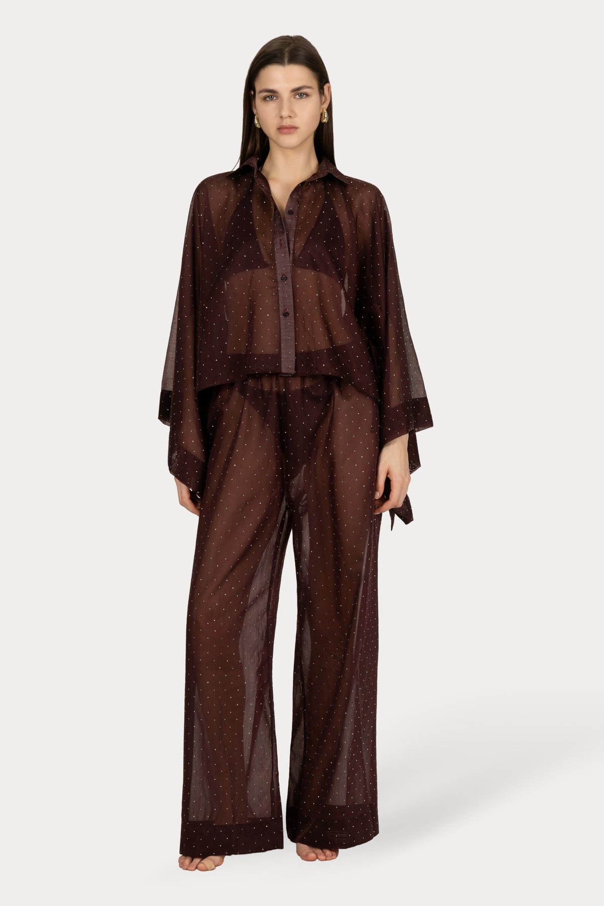 BEACH PANTS TESSA Plum sheer crystal