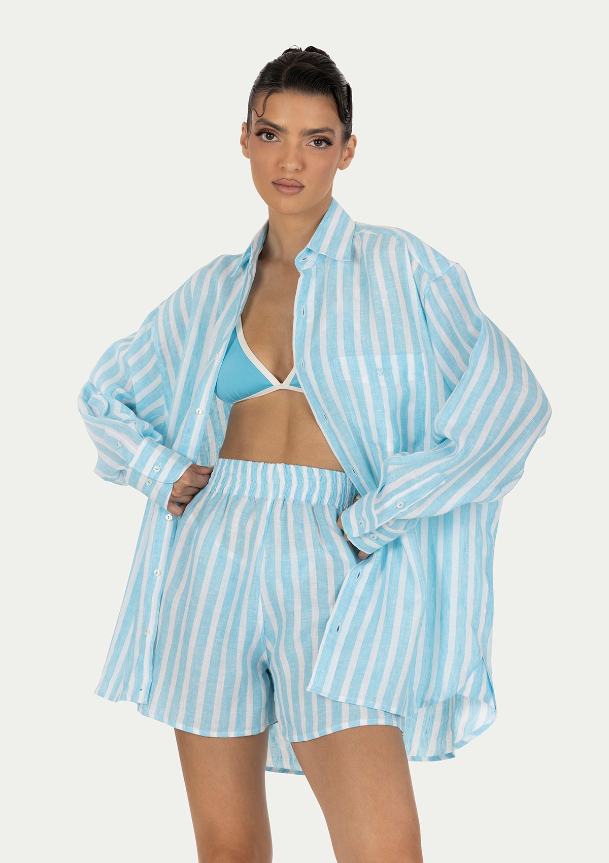 CORA SHORTS STRIPED AQUA BLUE