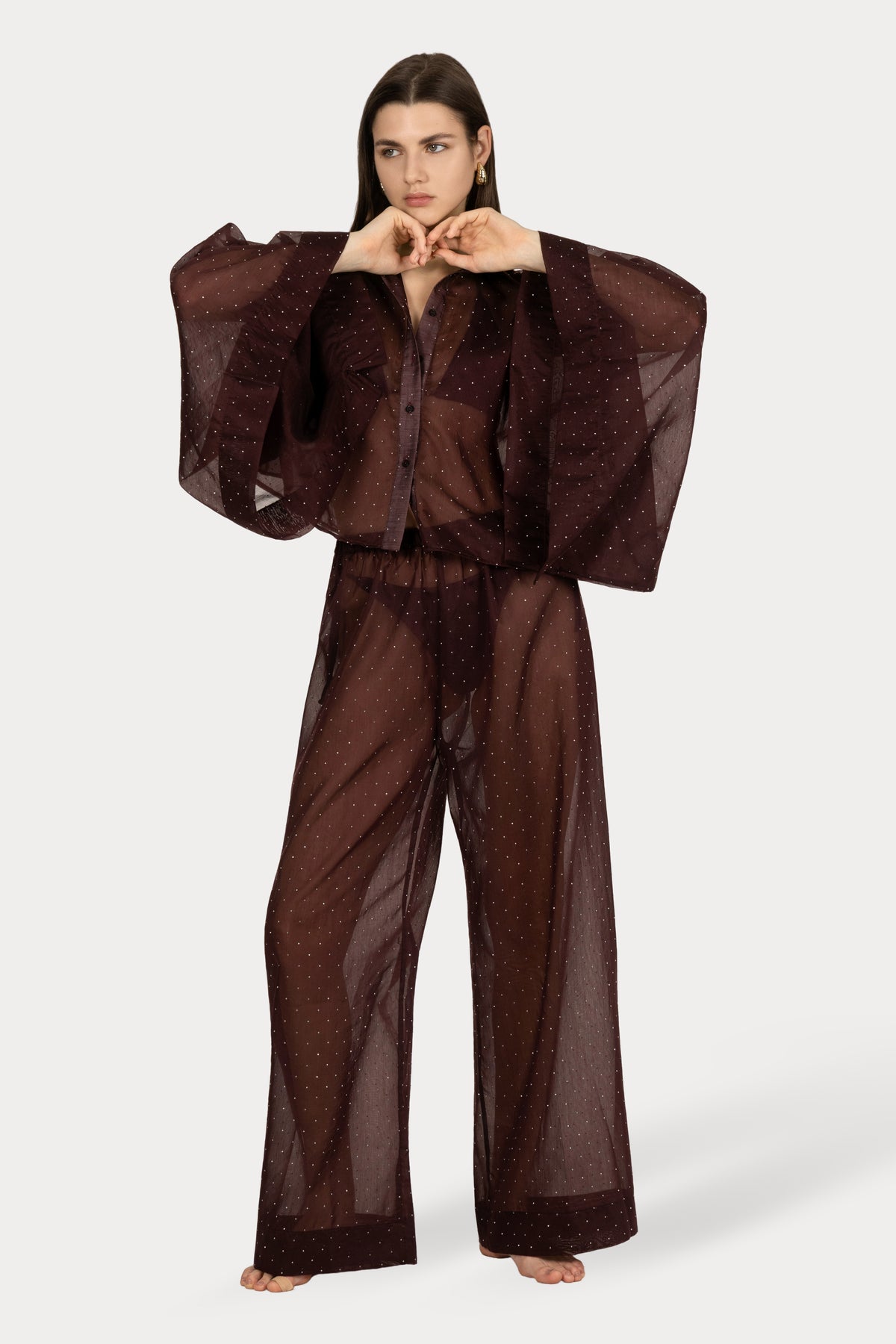 BEACH PANTS TESSA Plum sheer crystal
